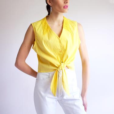 Tie Front Tank Top, Vintage 90s Yellow Lace Collar Sleeveless Blouse, Vibrant Oversized Loose Fit Crop Top, Button Down Tie Up Top Large 