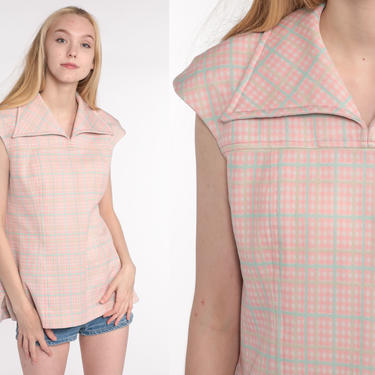 Pink Plaid Blouse 70s Shirt Checkered Print CAP SLEEVE Shirt Boho 1970s Top Short Sleeve Shirt Vintage Small Medium 