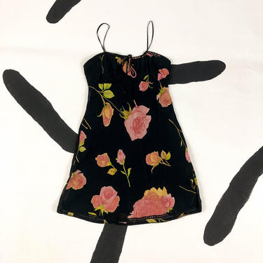 90s Betsey Johnson Pink Rose Print Rayon Slip Dress / Spaghetti Strap / Gathered Bust / Bow / Babydoll Dress / Lace Trim / Medium / Grunge / 