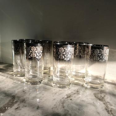 Vintage Silver Fade Vitreon Queen's Lusterware Mercury Sparkle Embossed Tumblers Set of Eight 
