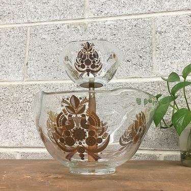 Vintage Georges Briard Chip and Dip Retro 1960s Mid Century Modern 2 Tiered Glass + Wood Serving Bowls with Bird + Leaf Pattern 