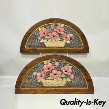 Hand Carved Country French Pine Flower Bouquet Wall Art Panel Plaque - a Pair