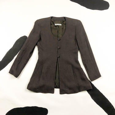 90s Emporio Armani Grey Scoop Neck Jacket / Blazer / Brown / Sage / Textured / Open / Skirted / Flared / Belly / Linen / Small / Clueless 