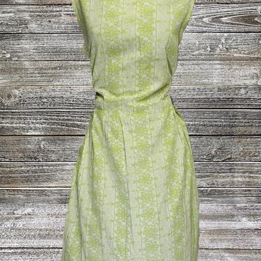 Vintage 1960s Dress, Vintage Sleeveless Summer Dress, Plus Size Green &amp; White Sheath Dress, Retro Flower Floral Print Dress Vintage Clothing 