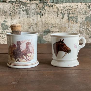 Antique Pair of Ironstone Horse Themed Shaving Mugs and Brush Buggy Equestrian Vanity Decor 