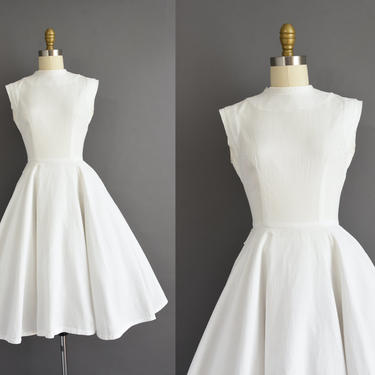 1950s vintage dress | Gorgeous Textured White Cotton Sweeping Full Skirt Summer Dress | XS | 50s dress 