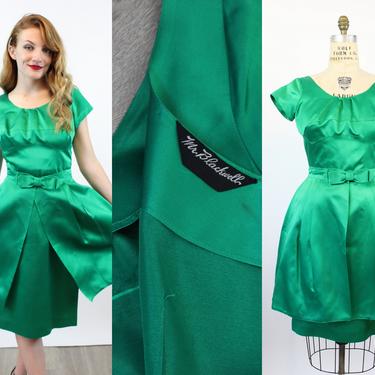 1960s MR BLACKWELL green satin dress and over skirt medium | new winter 