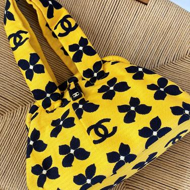 Vintage 90s CHANEL CC Logo Monogram Framed Floral Flower Print Yellow Navy Fabric Shoulder Clutch Purse Bag Handbag 