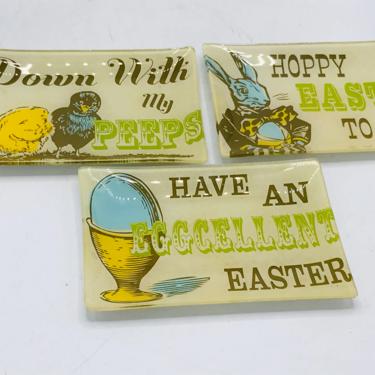 Vintage set of 3 Glass Bent Glass Tray Trinket Dish featuring Easter Messages- Easter Gifts 