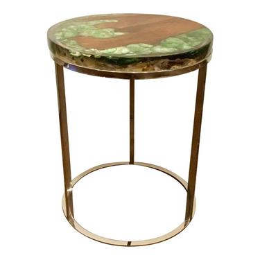 Interlude Home Teak and Green Abalone Shell in Resin Side Table