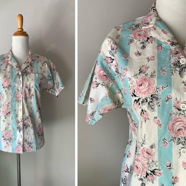 Vintage 1990s Blue Striped Pink Rose Blouse | Size Small 