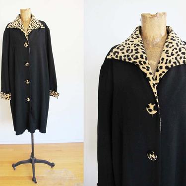 Vintage 2000s Y2K Leopard Print Coat M L - Black 2000s Cheetah Print Long Jacket - Duster Jacket - Animal Print Coat - 2000s Clothing 