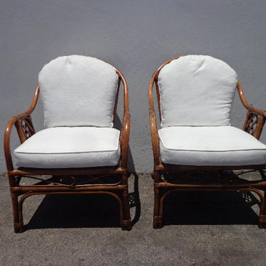 2 Rattan Chairs Armchairs Chinoiserie Chinese Chippendale Vintage Bohemian Boho Beach Cane Bentwood Faux Bamboo Furniture Accent Seating 
