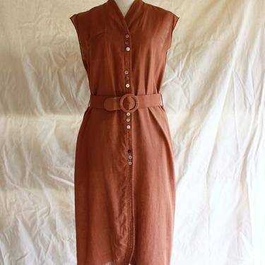 70s Lillie Rubin Raw Silk Shirt Dress Rust Brown Size S / M 