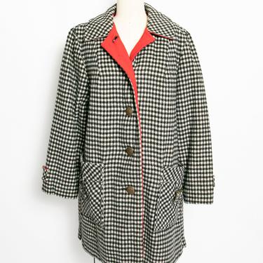 1960s Coat Black White Houndstooth Plaid Wool L 