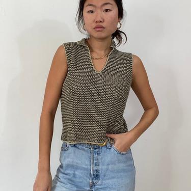 90s collared sleeveless loomed sweater / vintage oatmeal + olive textured knit hand loomed vest sleeveless sweater tank top | S 