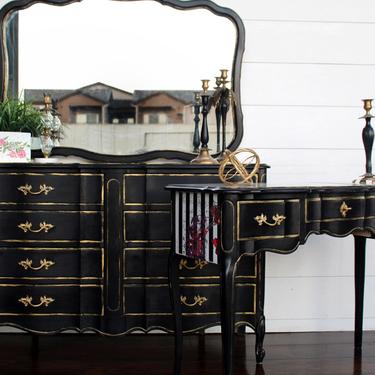 French Provincial Black\/Gold\/Floral Dresser with Mirror and Vanity Set