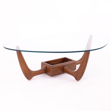 Kroehler Mid Century Walnut Biomorphic Glass Coffee Table with Planter Base - mcm 