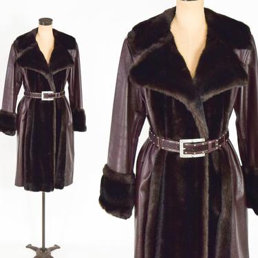 1970s Brown Leather Trench Coat | 70s Brown Leather &amp; Faux Fur Coat | Lilli Ann London | Large 