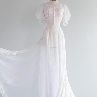 Ethereal 1930's Chiffon Wedding Gown With Lace Insets And Flowing Train  / medium