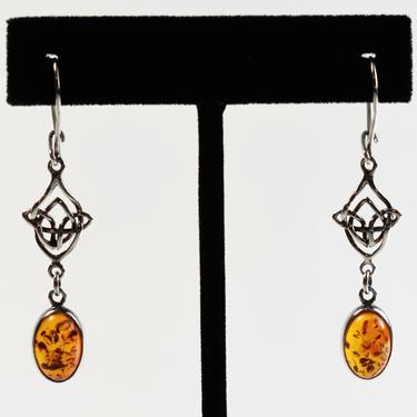 Long 70's sterling amber Celtic knot dangles, intricate handcrafted 925 silver red amber cab knot earrings 