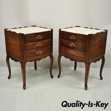 John Widdicomb French Provincial Cherry Wood Pink Marble Top Nightstand - a Pair