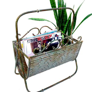 Vtg Faux Bamboo Forged Iron Tole Magazine Rack || Chinoiserie Chic Home Décor 