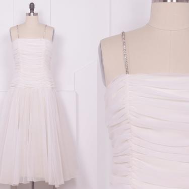 Vintage 1980's White Ruched Prom Dress • 80's Dropped Waist Wedding Dress • Size M 