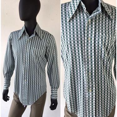 Vtg 70s National Shirt Shops - Green White Polyester Disco Shirt / Size 43 Chest / Large 