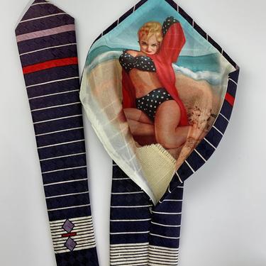 1950'S Peak-a-Boo Tie - Hidden Pin-Up Girl - Sexy Blonde in a Bikini - Beautiful Art Deco Patterned Tie - Majesty Label 