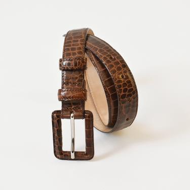 vintage brown leather belt with square buckle, size S / M 
