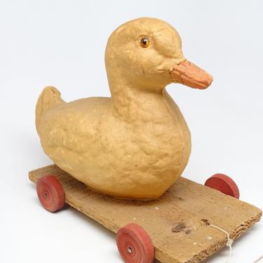 Antique Duck with Glass Eyes Pull Toy,  by F N Burt Co, Pulp Paper Mache on Wooden Platform, Vintage Toy 