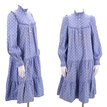 70s LAURA ASHLEY Wales cotton prairie peasant dress sz 10 / vintage 1970s blue calico puff sleeve Victorian gown RARE uk 12 us 8-10 80s 