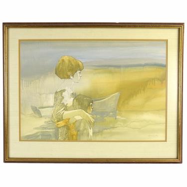 1960’s Shelly Canton Watercolor Two Girls Looking Out to Lake Michigan Chicago 