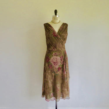 Vintage 1930's Style Brown Pink Rose Floral Silk Chiffon Dress Faux Wrap Sleeveless Spring Garden Bridal Party Ralph Lauren Size 14 Medium 