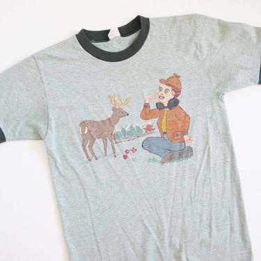 Vintage 60s Hand Painted T Shirt M - Towncraft Green Ringer Shirt - Hunter Deer Woodland Shirt - Quirky Vintage Shirt 