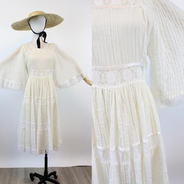1970s mexican WHITE COTTON angel sleeve dress xs | new summer 