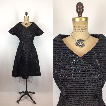Vintage 50s dress | Vintage flocked glitter taffeta fit and flare dress | 1950s black stripe cocktail party dress 