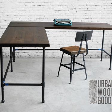 Wood Desk in L shape made with reclaimed wood and pipe legs in choice of size and finish 