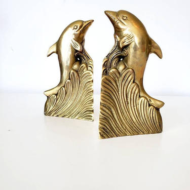 Mid-century Brass Art Deco Dolphin Bookend Set 