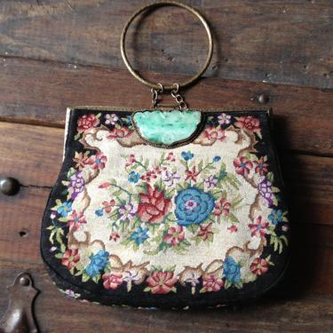 Petit Point Tapestry Bag, 1920s Floral Chinese Needlepoint, Jadeite Frame, Handbag Evening Clutch, Vibrant Colors Silk Lining, Makers Stamp 