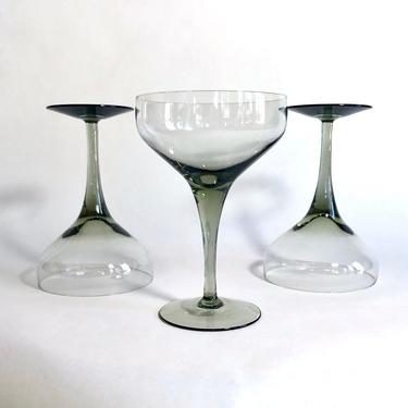 3 Vintage Smoke Grey Gray, Wide Mouth Champagne Coupes or Wine Glasses, Orrefors Rhapsody Sweden - Mid Century Scandinavian Danish Modern 