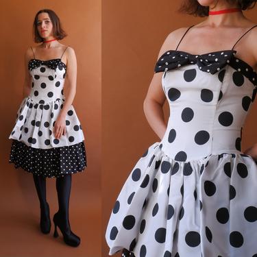 Vintage 80s Gunne Sax Polka Dot Party Dress/ 1980s Black White Cupcake Layered Dress/ Size Small 