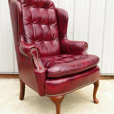 Vtg TUFTED OXBLOOD LEATHER WINGBACK CHAIR Chesterfield HOLLYWOOD REGENCY Sofa