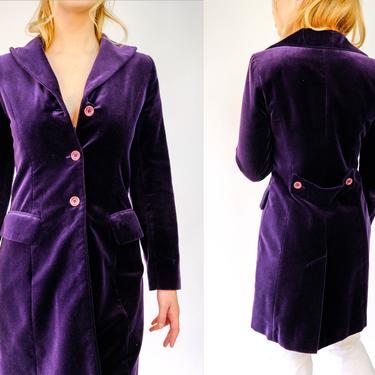 Vintage 70s Sinequanone Paris Aubergine Purple Velvet Shawl Collar Jacket | Made in France | 100% Cotton | 1970s French Designer Overcoat 