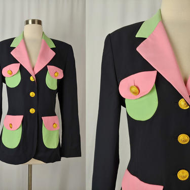 Vintage Eighties Escada Color Block Wool Blazer - 80s Black Pink Green Patch Pocket Jacket - 38 Size 8 Medium 