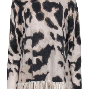 Tyler Boe - Cream & Brown Leopard Print Turtleneck Sweater w/ Fringed Hem Sz L