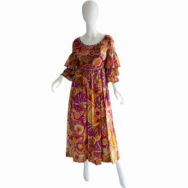 70s Valentina Sequin Psychedelic Dress / Vintage Ruffled Maxi Dress / 1970s Flamenco Party Dress 