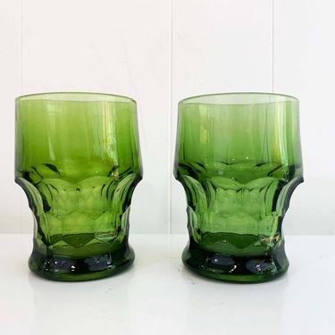 Vintage Forest Green Goblets Whiskey Glasses Lowball Set of Two (2) Anchor Hocking Style Glass Lime 1960s Cocktail Barware Wine 