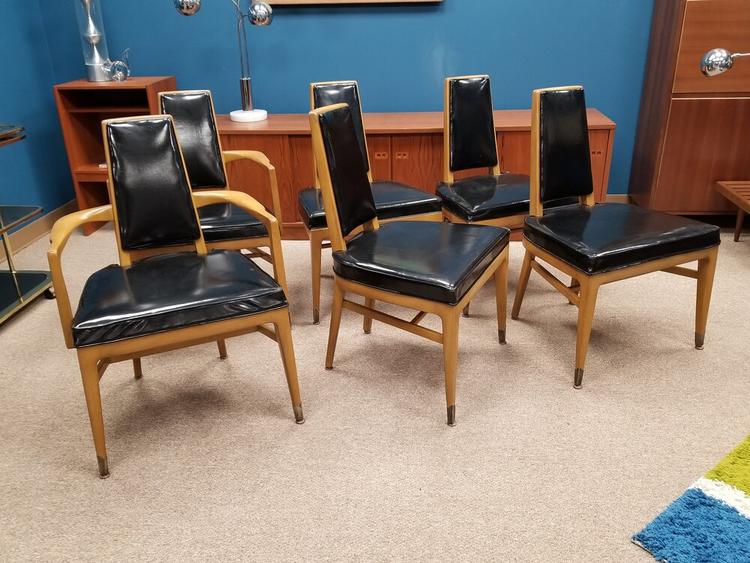 Set of six Mid-Century Modern dining chairs with black vinyl upholstery
